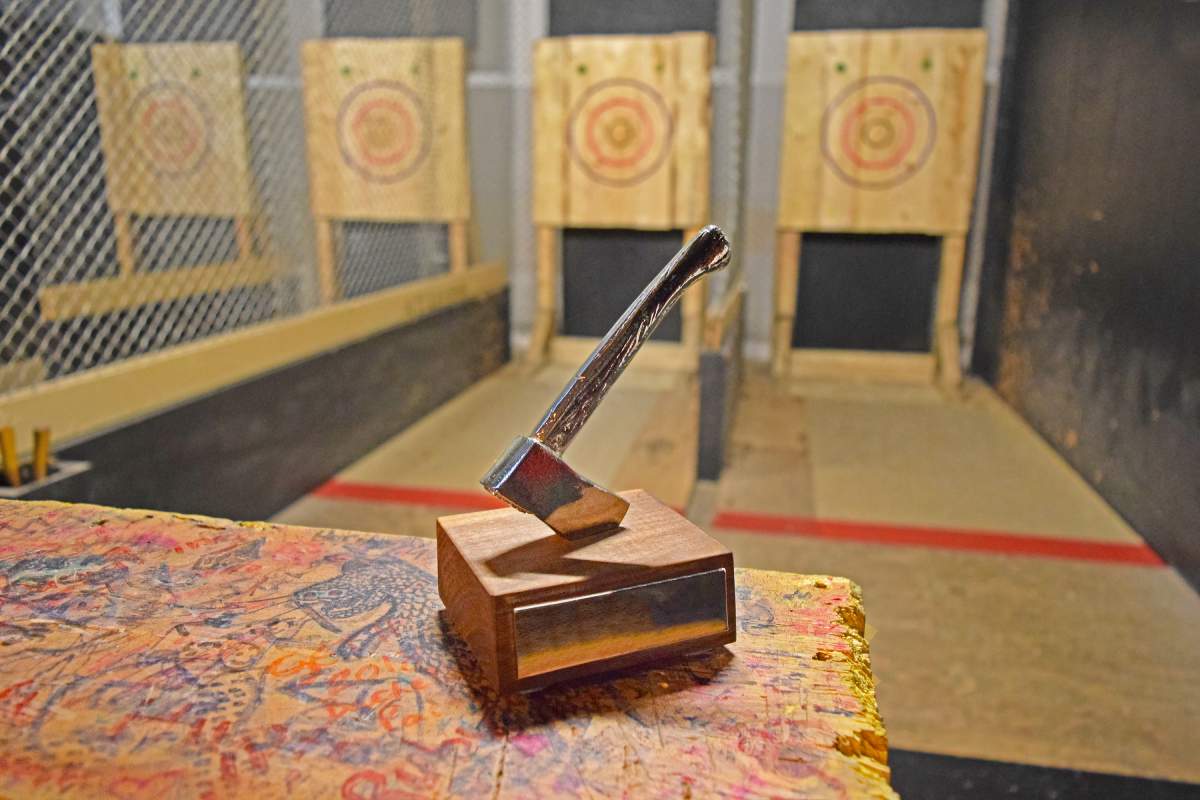 A trophy at an axe throwing venue 