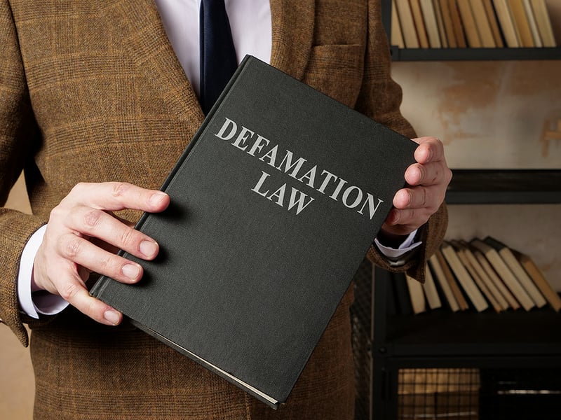 person holding a book titled "Defamation Law"