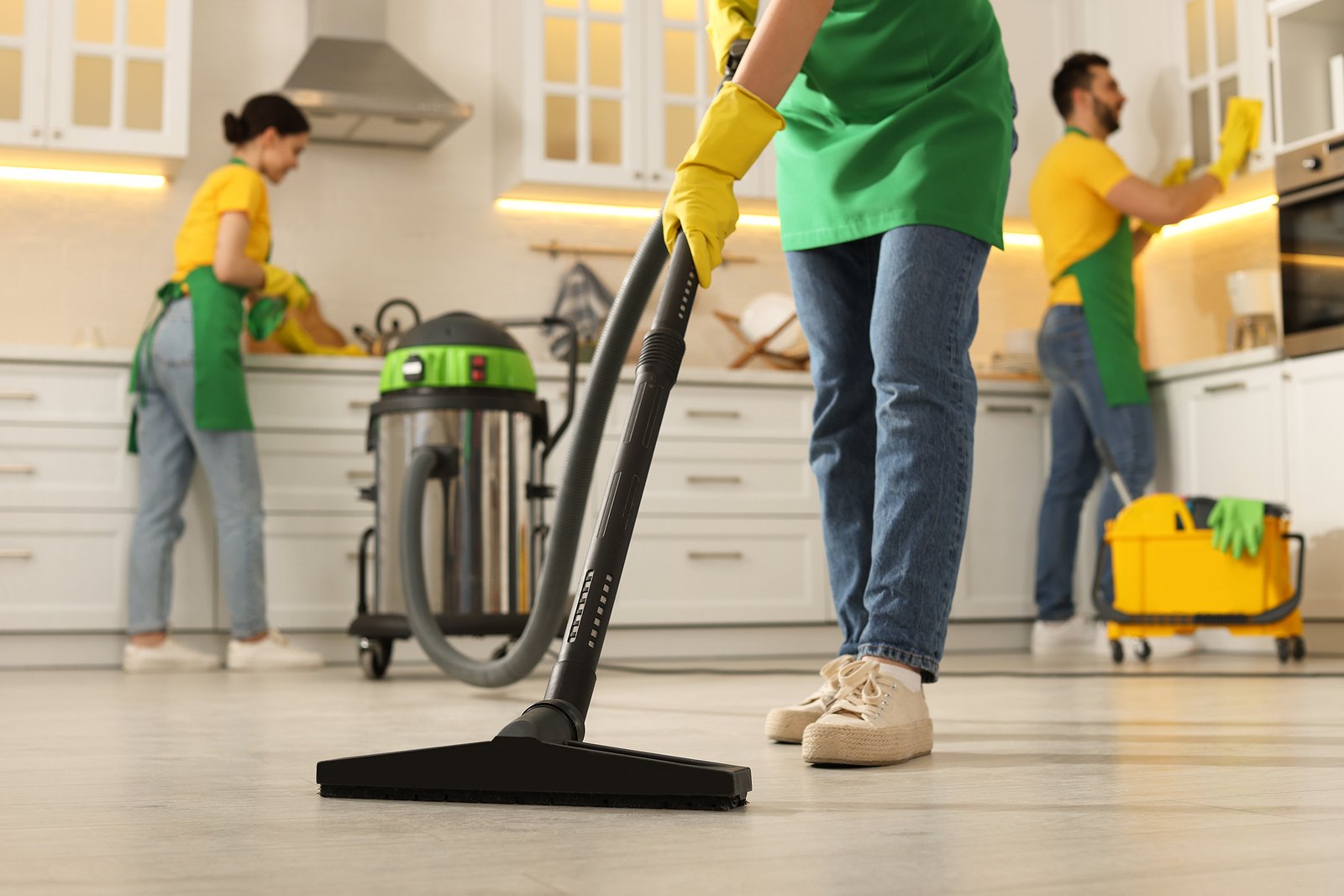 Three employees of a professional cleaning company at work in a kitchen.