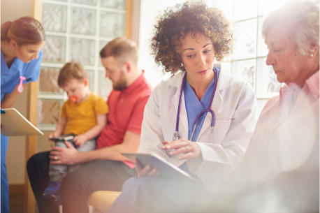 Doctors and patients in waiting room