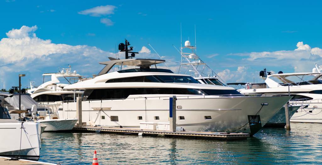Luxury yacht docked in a marina