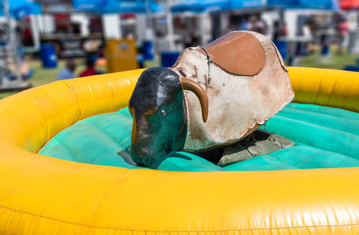 Mechanical bull with padded fall area 