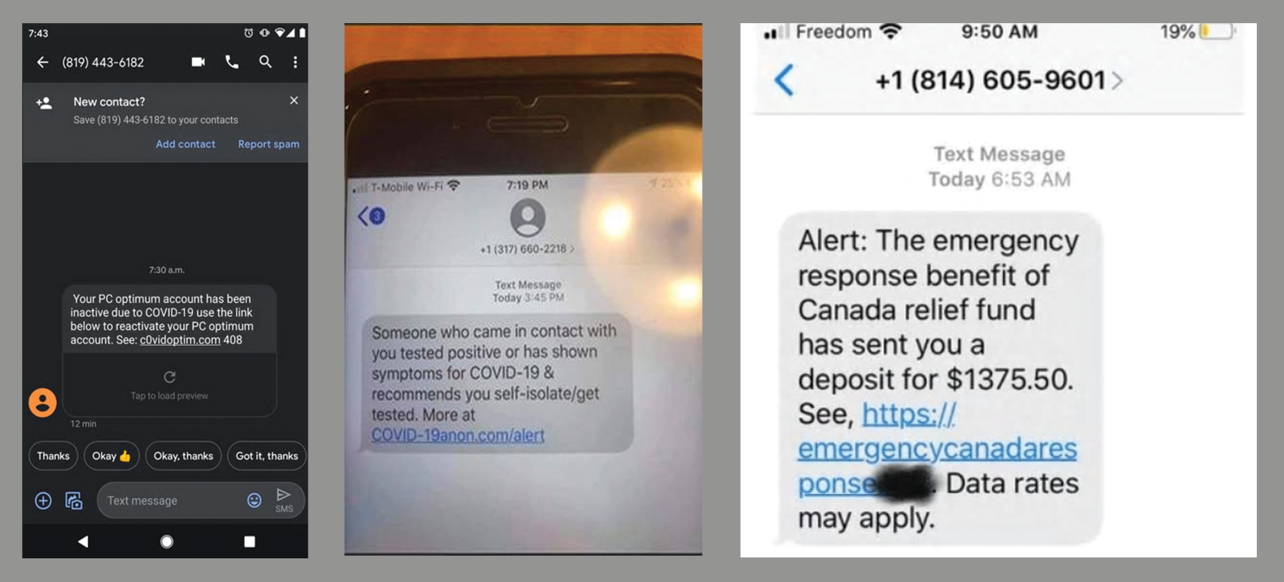 Examples of smishing text alerts